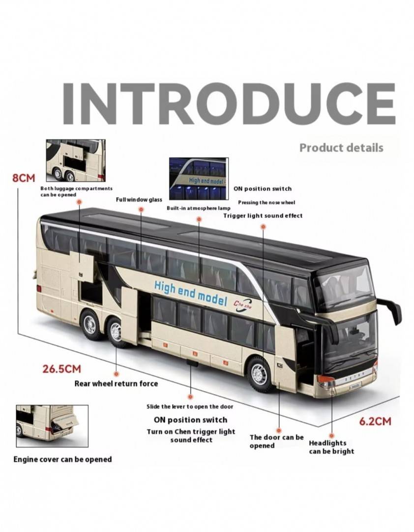 Autobuz metalic, Supraetajat, Double-Decker, usi mobile, lumini, sunet, alb, 26.5 cm