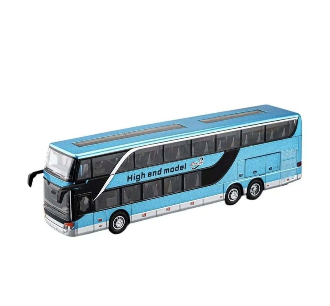 Autobuz metalic, Supraetajat, Double-Decker, usi mobile, lumini, sunet, albastru metalizat, 26.5 cm