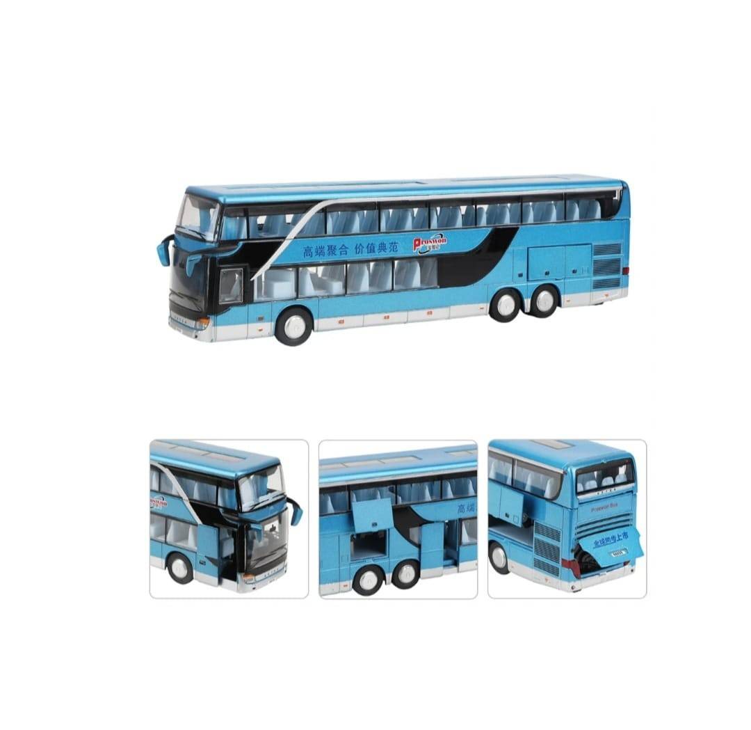 Autobuz metalic, Supraetajat, Double-Decker, usi mobile, lumini, sunet, albastru metalizat, 26.5 cm