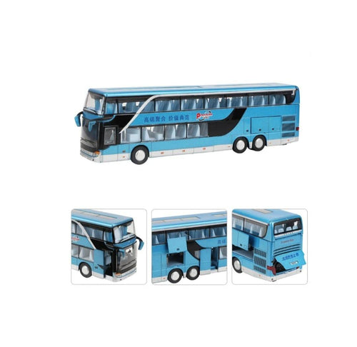 Autobuz metalic, Supraetajat, Double-Decker, usi mobile, lumini, sunet, albastru metalizat, 26.5 cm