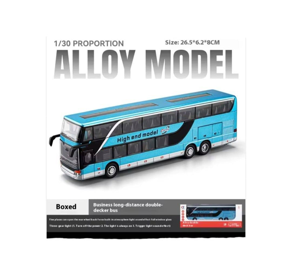 Autobuz metalic, Supraetajat, Double-Decker, usi mobile, lumini, sunet, albastru metalizat, 26.5 cm