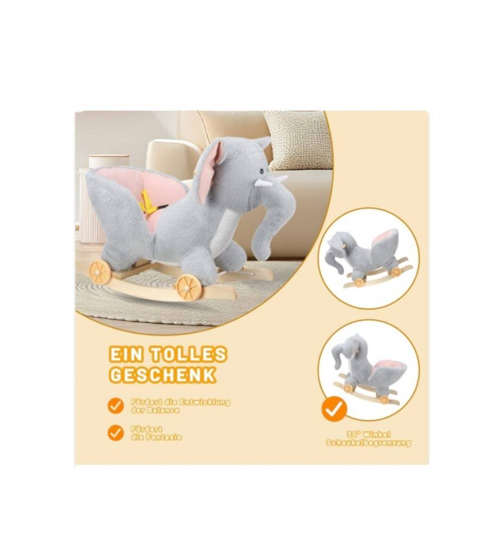 Balansoar Elefantul Magic din plus, 2 in 1 cu roți, gri/roz, 1 an+