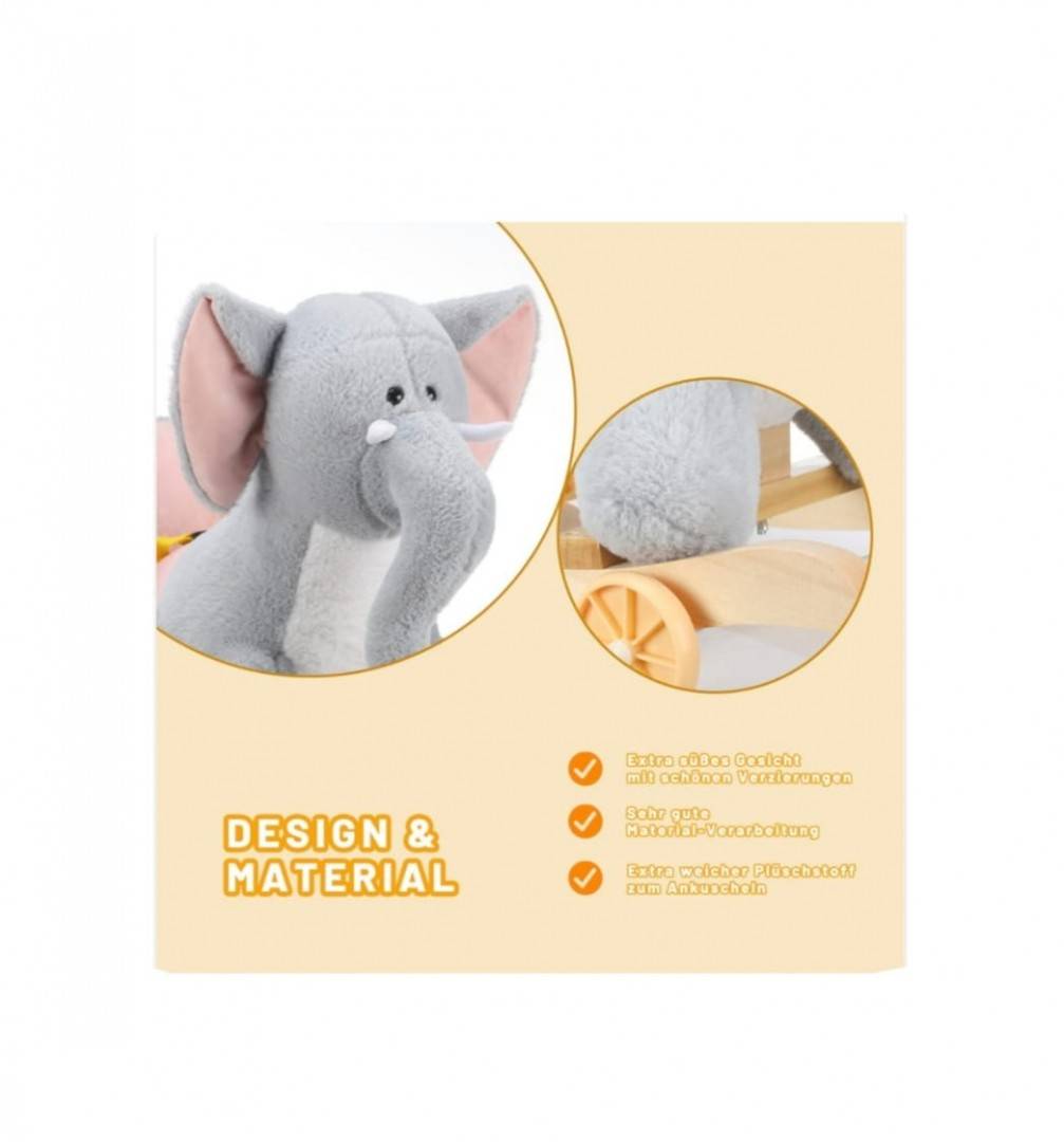Balansoar Elefantul Magic din plus, 2 in 1 cu roți, gri/roz, 1 an+