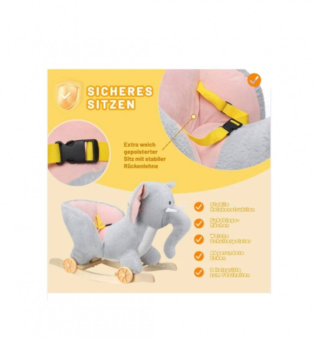 Balansoar Elefantul Magic din plus, 2 in 1 cu roți, gri/roz, 1 an+