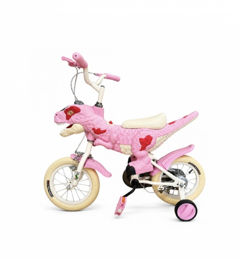 Bicicleta Copii Dinozaur, roti ajutatoare, cadru T-Rex 3D, Sa Ergonomica, roz, 2 ani - 4 ani