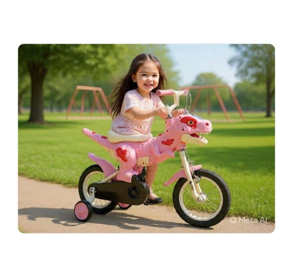 Bicicleta Copii Dinozaur, roti ajutatoare, cadru T-Rex 3D, Sa Ergonomica, roz, 2 ani - 4 ani