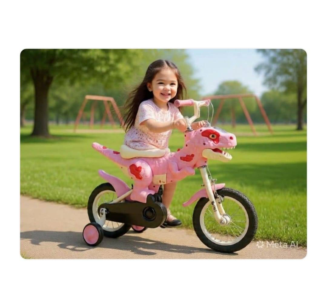 Bicicleta Copii Dinozaur, roti ajutatoare, cadru T-Rex 3D, Sa Ergonomica, roz, 2 ani - 4 ani