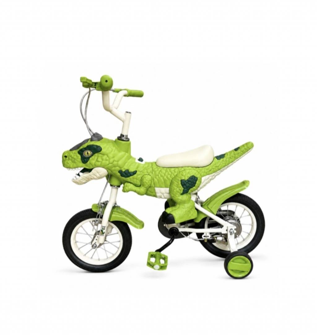 Bicicleta Copii Dinozaur, roti ajutatoare, cadru T-Rex 3D, Sa Ergonomica, verde, 2 ani - 4 ani