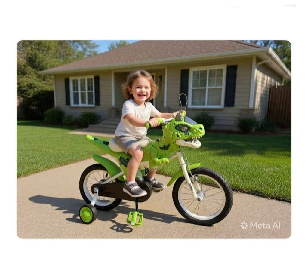 Bicicleta Copii Dinozaur, roti ajutatoare, cadru T-Rex 3D, Sa Ergonomica, verde, 2 ani - 4 ani
