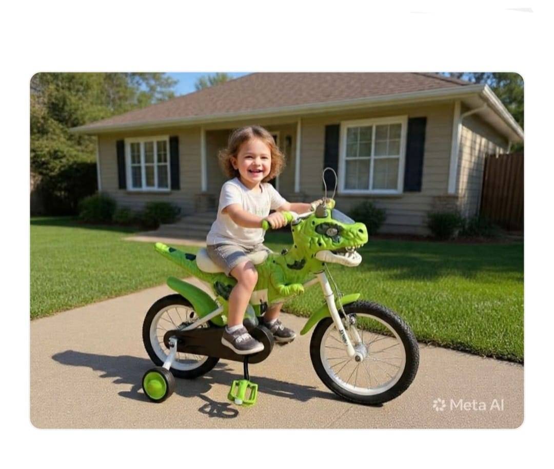 Bicicleta Copii Dinozaur, roti ajutatoare, cadru T-Rex 3D, Sa Ergonomica, verde, 2 ani - 4 ani