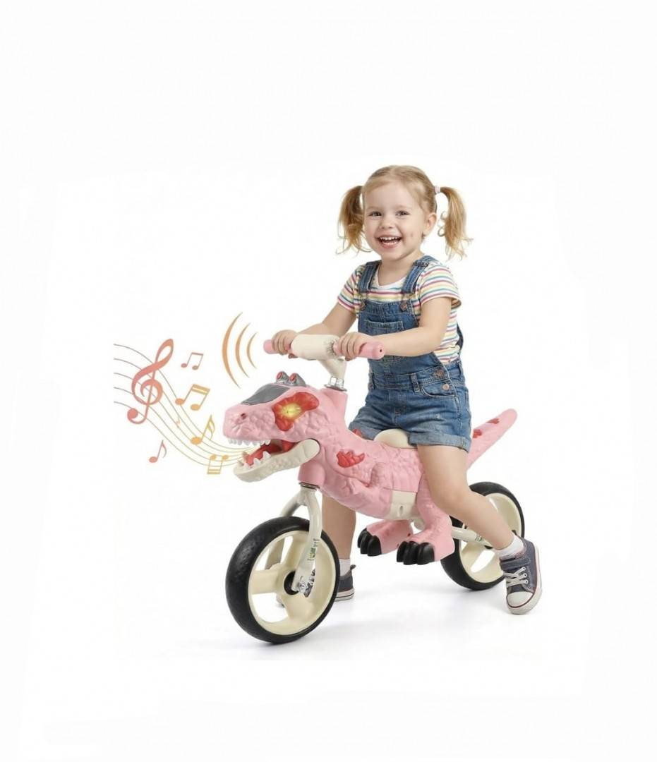 Bicicleta de echilibru, model Dinozaur, sunete si lumini, roz, 2 ani+