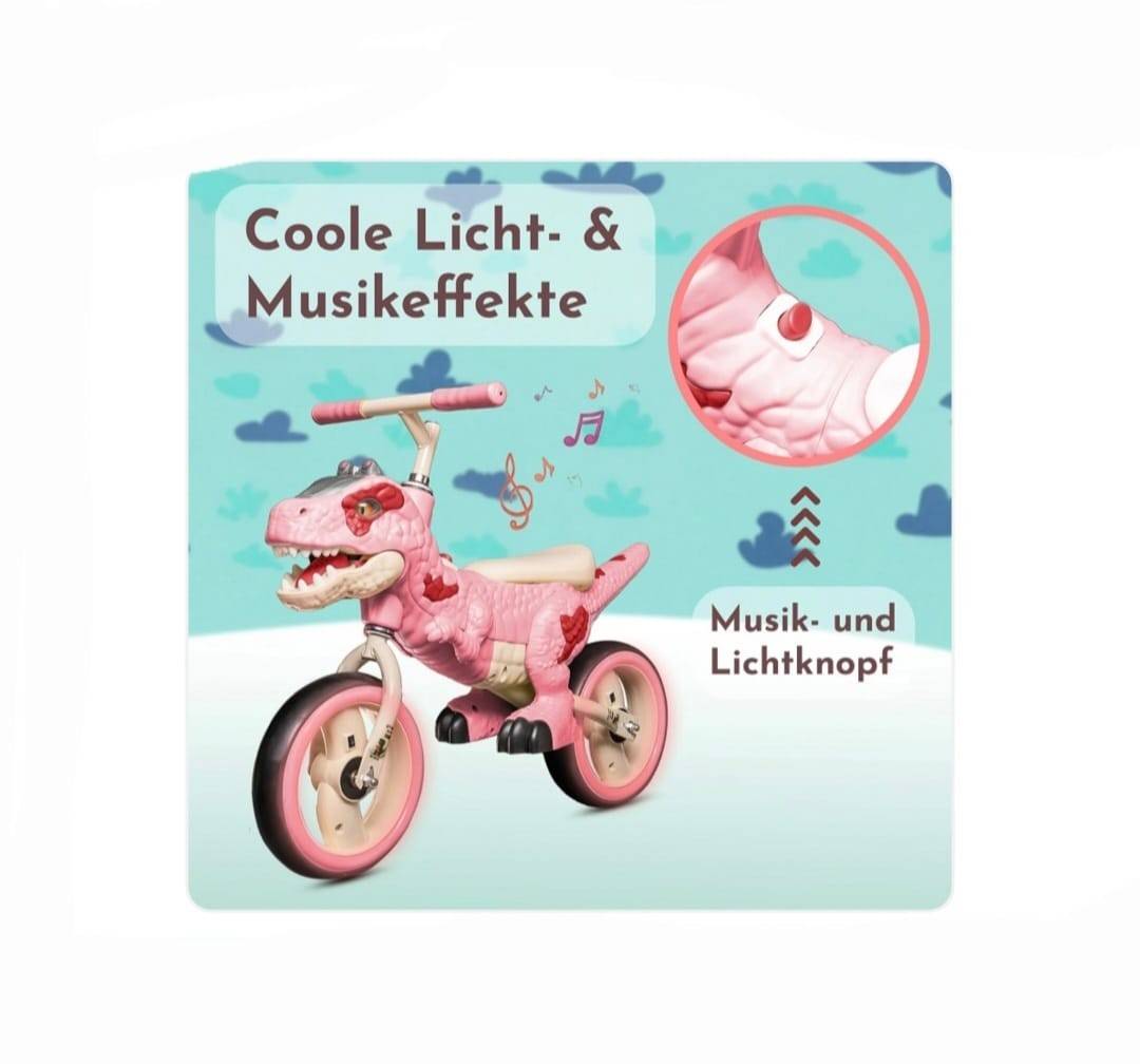 Bicicleta de echilibru, model Dinozaur, sunete si lumini, roz, 2 ani+