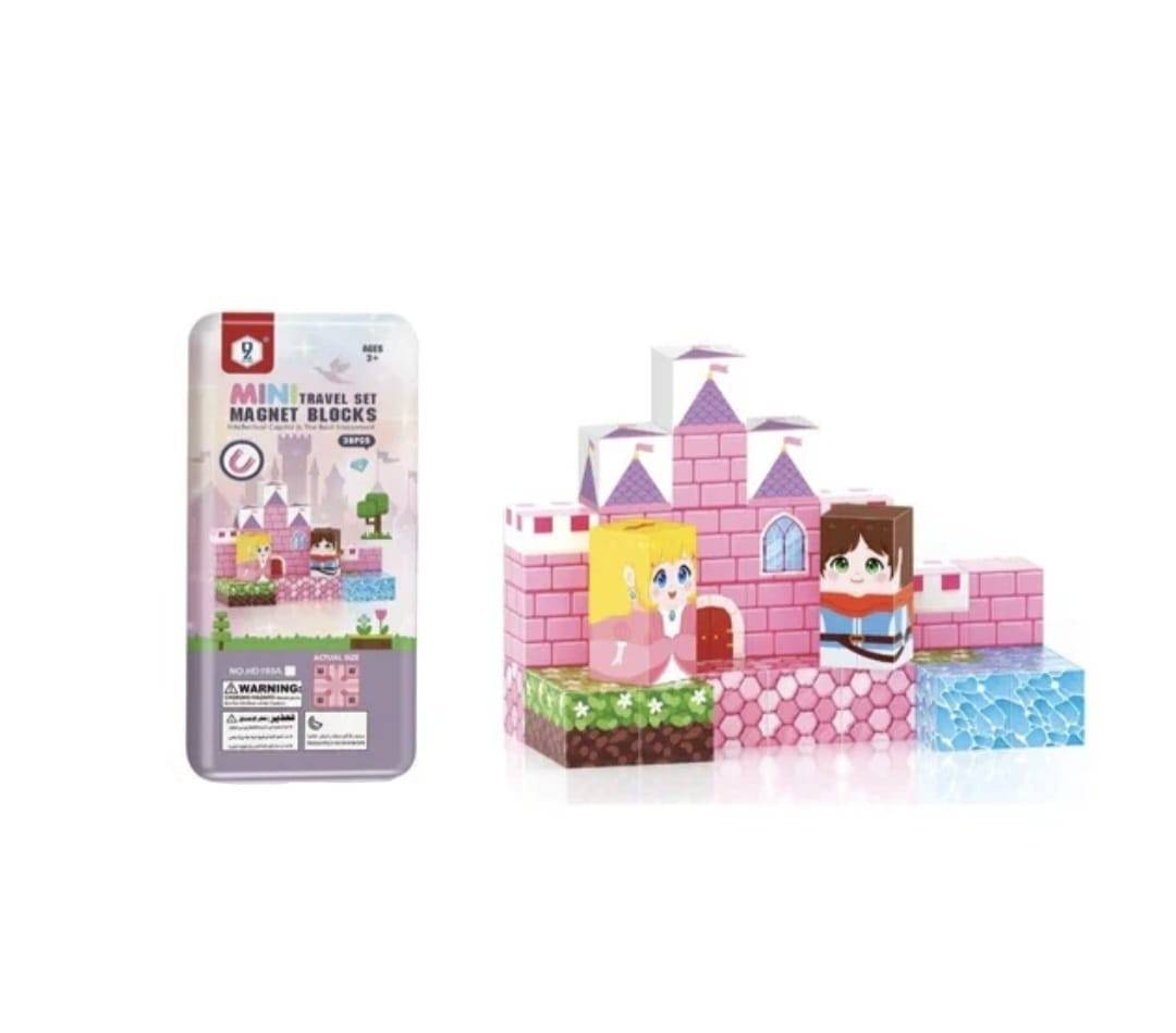 Blocuri magnetice de constructie, tip Minecraft, Printese, 38 piese, roz/multicolor