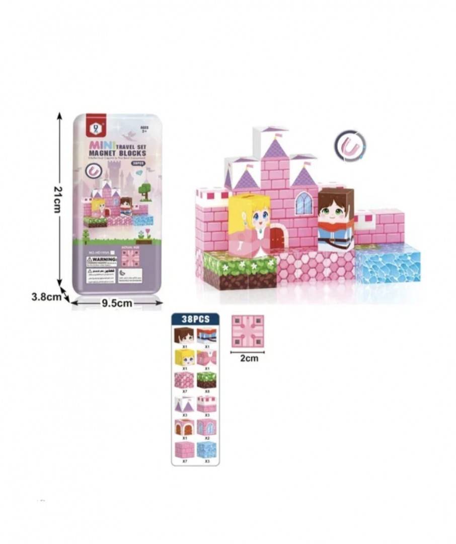 Blocuri magnetice de constructie, tip Minecraft, Printese, 38 piese, roz/multicolor