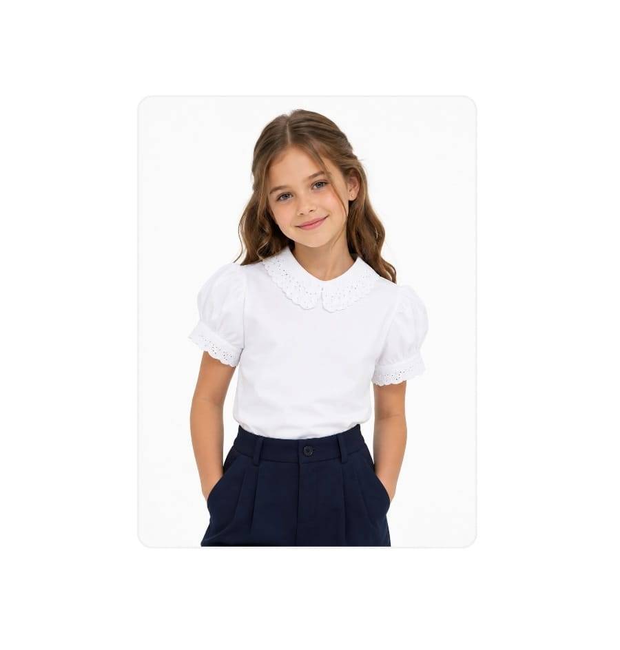 Bluza eleganta scoala, pentru fete, guler rotund, alb, 5 ani - 10 ani