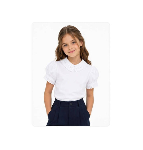 Bluza eleganta scoala, pentru fete, guler rotund, alb, 5 ani - 10 ani | Masha Shop