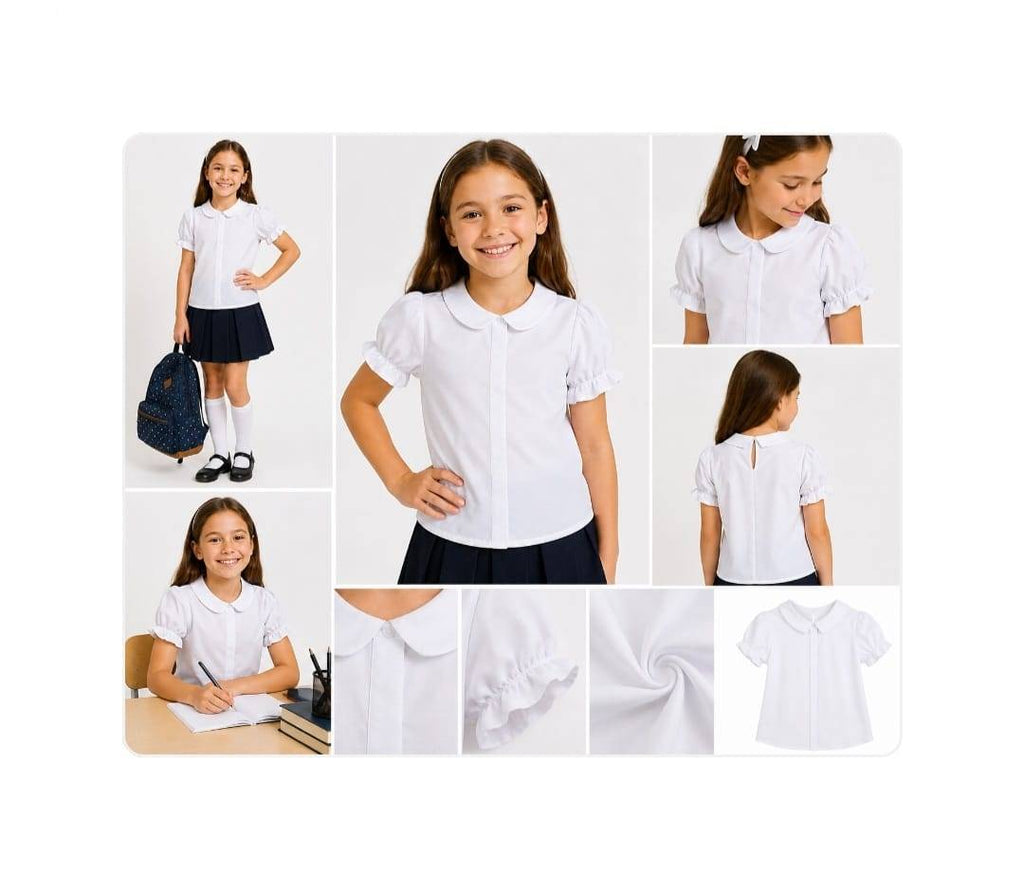 Bluza eleganta scoala, pentru fete, guler rotund, alb, 5 ani - 10 ani