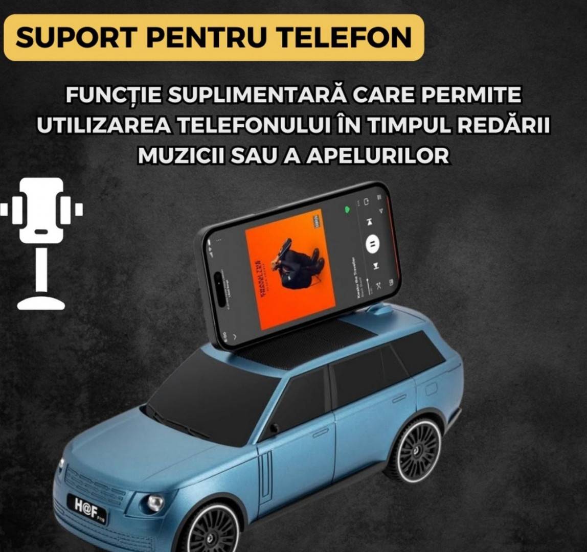 Boxa Portabila,Bluetooth 5.0 cu design de masina, faruri luminate, incarcare usb si panou solar, functie suport pentru telefo