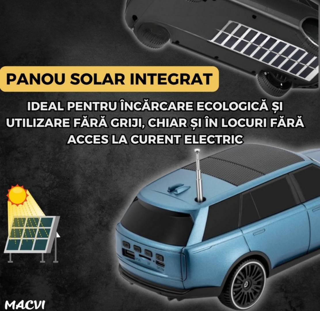 Boxa Portabila,Bluetooth 5.0 cu design de masina, faruri luminate, incarcare usb si panou solar, functie suport pentru telefo
