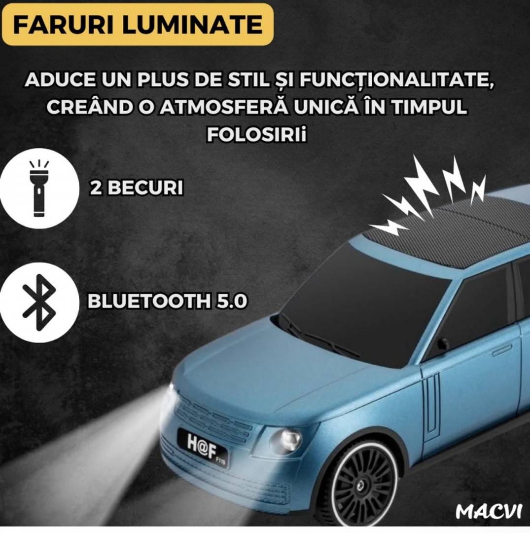 Boxa Portabila,Bluetooth 5.0 cu design de masina, faruri luminate, incarcare usb si panou solar, functie suport pentru telefo