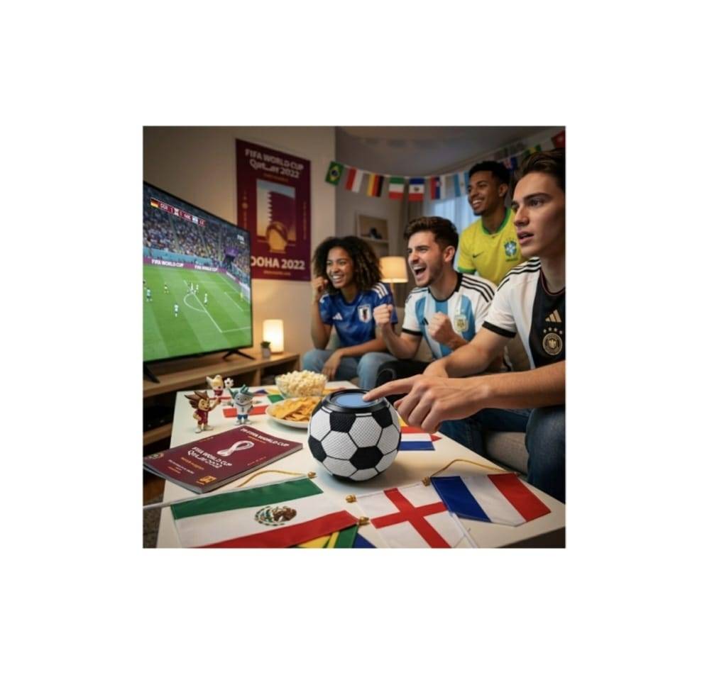 Boxa portabila, model Minge de fotbal, lumina LED RGB, Bluetooth 5.3, utilizare in exterior si interior, multicolor, 12 cm