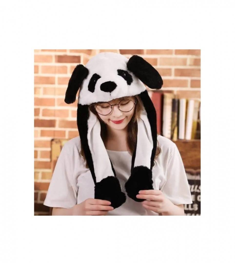 Caciula pentru copii, model Ursulet Panda, leduri si miscari din urechi, alb/negru
