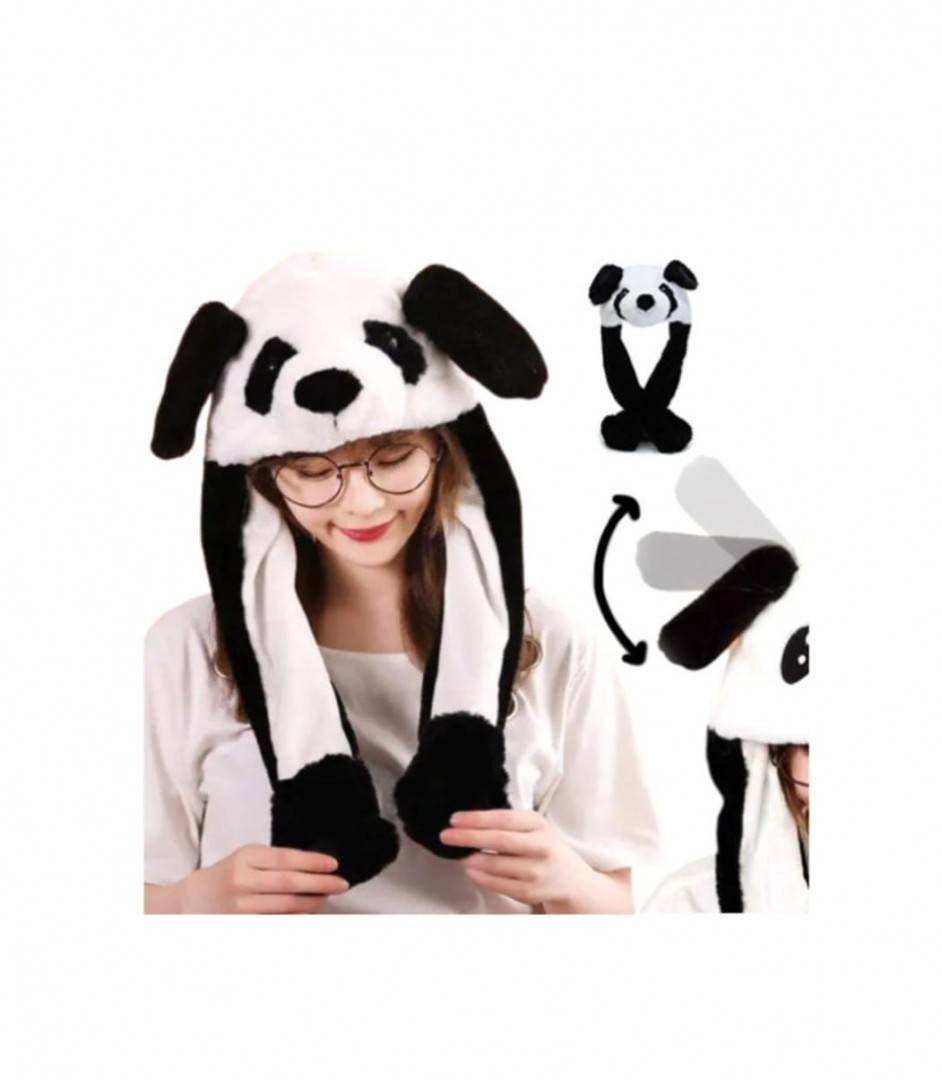 Caciula pentru copii, model Ursulet Panda, leduri si miscari din urechi, alb/negru