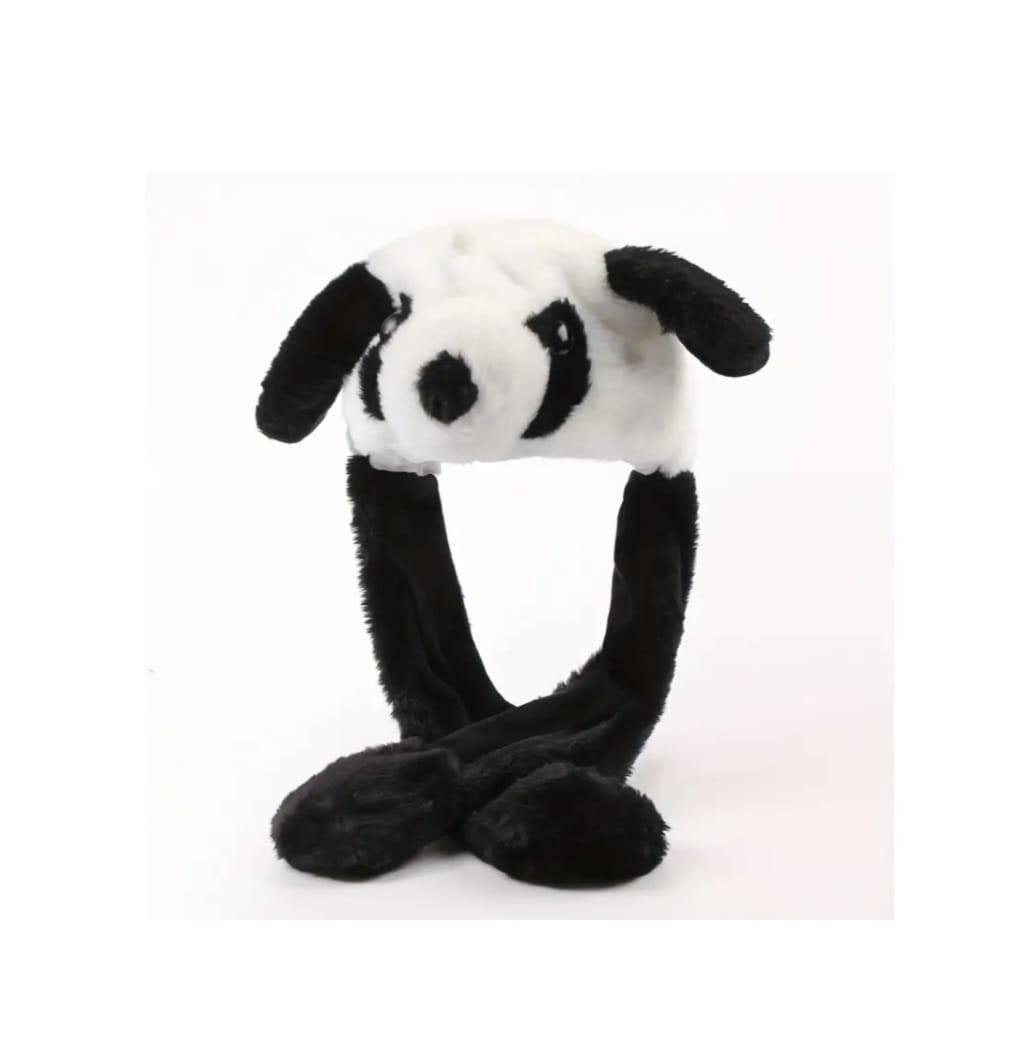 Caciula pentru copii, model Ursulet Panda, leduri si miscari din urechi, alb/negru