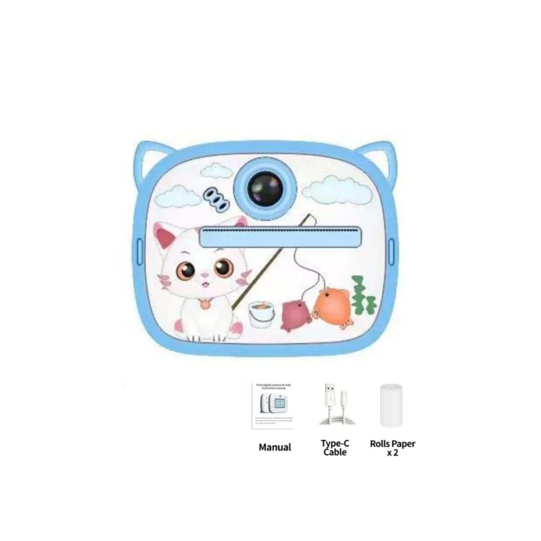 Camera Foto pentru copii, model Pisica, imprimare instant, USB-C, 35 de capturi, imagistica termica 20MP, albastru