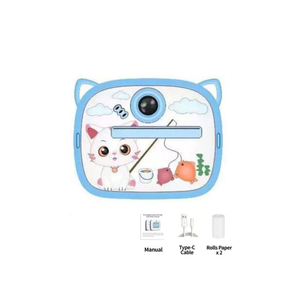 Camera Foto pentru copii, model Pisica, imprimare instant, USB-C, 35 de capturi, imagistica termica 20MP, albastru
