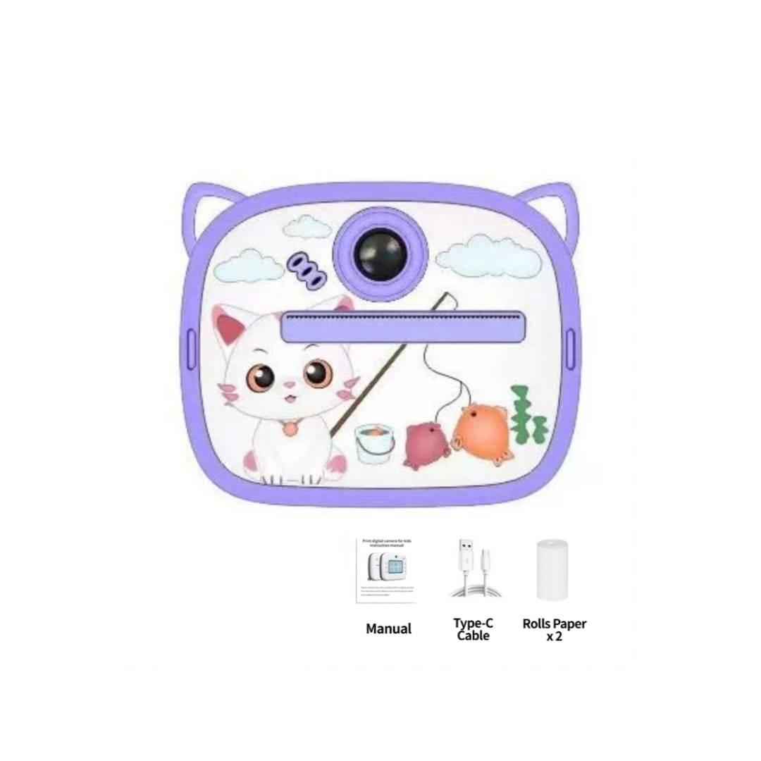 Camera Foto pentru copii, model Pisica, imprimare instant, USB-C, 35 de capturi, imagistica termica 20MP, mov