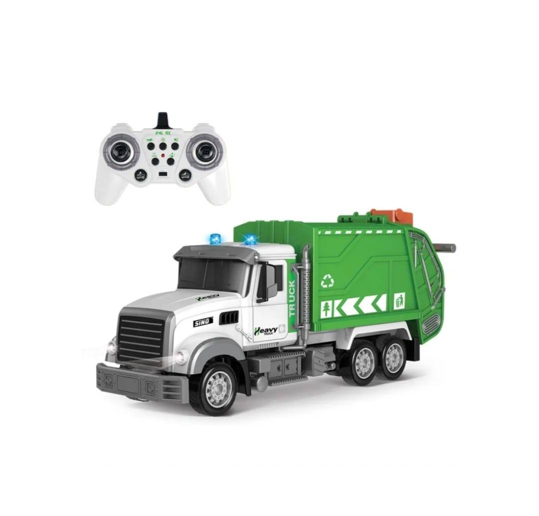 Camion cu telecomnda, cu coș de gunoi, Set Eco-car Toy, scara 1:12, alb/verde, 55 cm