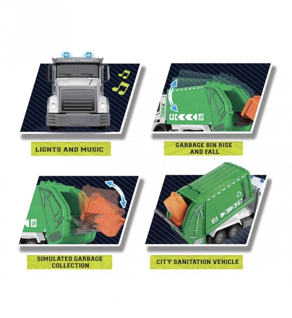 Camion cu telecomnda, cu coș de gunoi, Set Eco-car Toy, scara 1:12, alb/verde, 55 cm