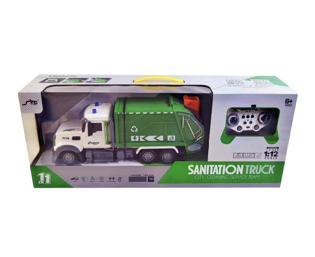 Camion cu telecomnda, cu coș de gunoi, Set Eco-car Toy, scara 1:12, alb/verde, 55 cm