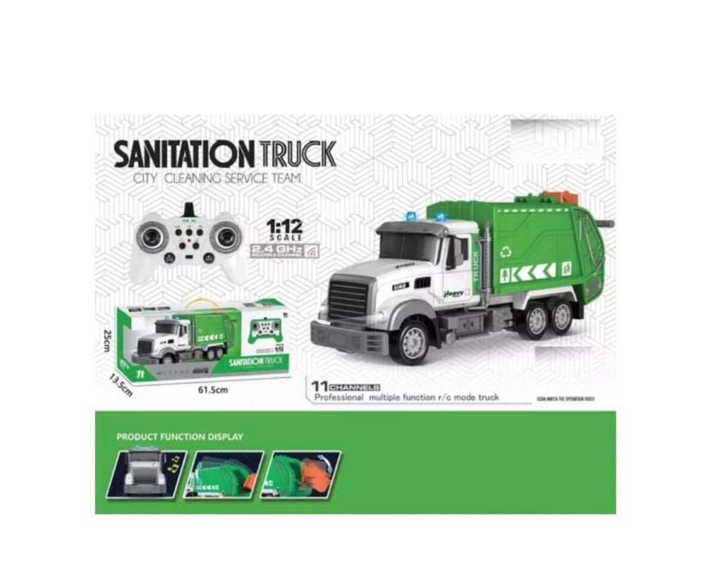 Camion cu telecomnda, cu coș de gunoi, Set Eco-car Toy, scara 1:12, alb/verde, 55 cm
