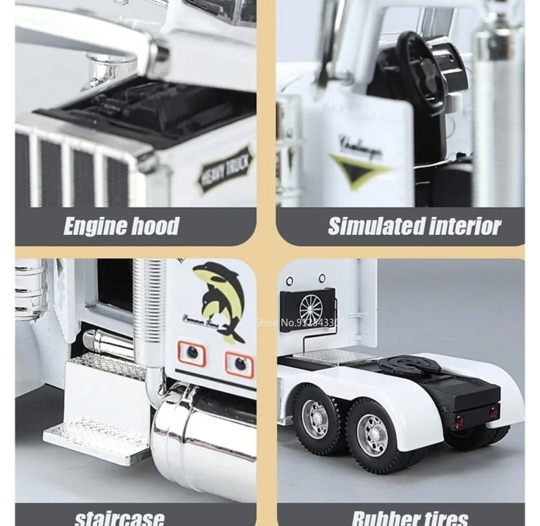 Camion metal mecanic, model Peterbilt Heavy Truck 389, faruri luminoase, sunete, usi mobile, capota mobila, scara 1:24, alb, 