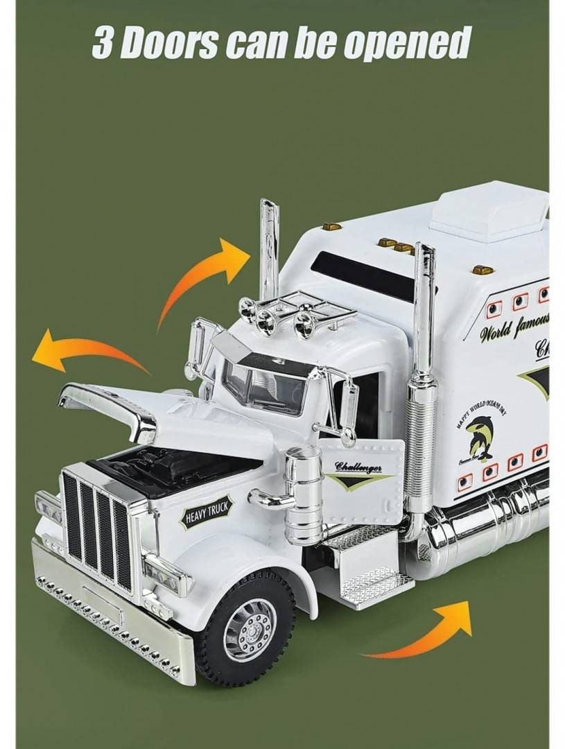Camion metal mecanic, model Peterbilt Heavy Truck 389, faruri luminoase, sunete, usi mobile, capota mobila, scara 1:24, alb, 