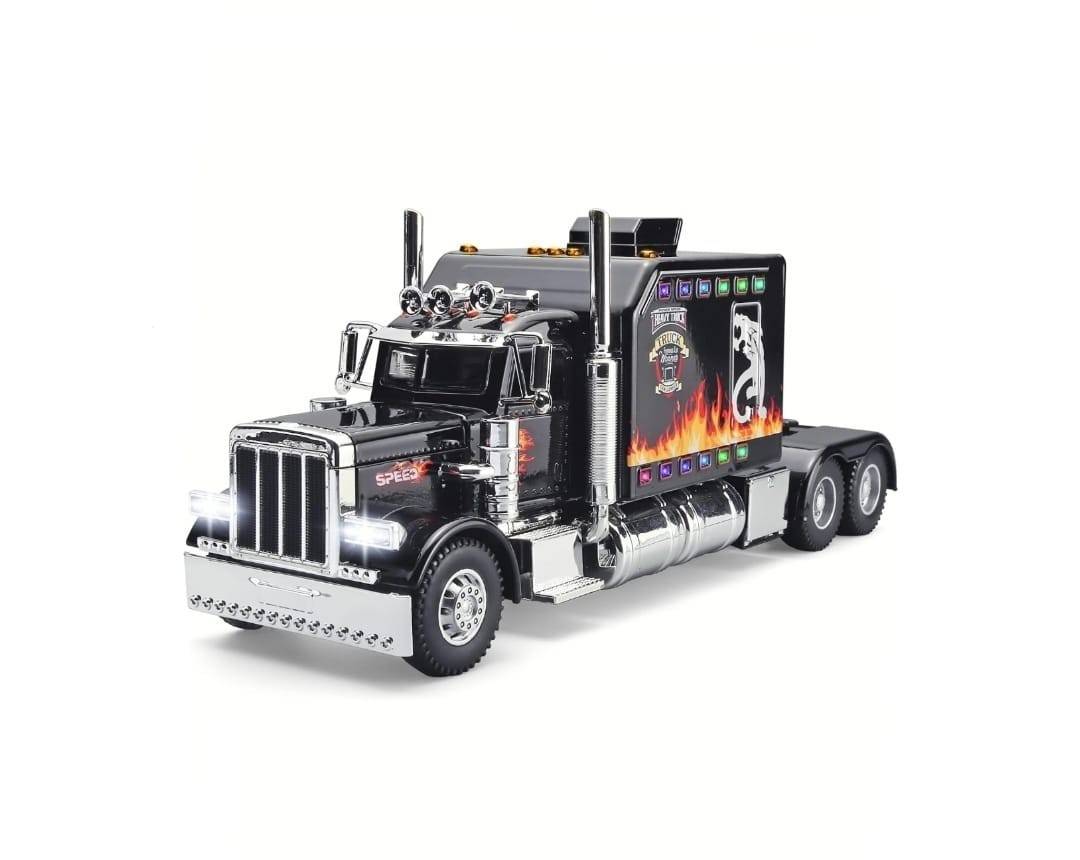 Camion metal mecanic, model Peterbilt Heavy Truck 389, faruri luminoase, sunete, usi mobile, capota mobila, scara 1:24, negru