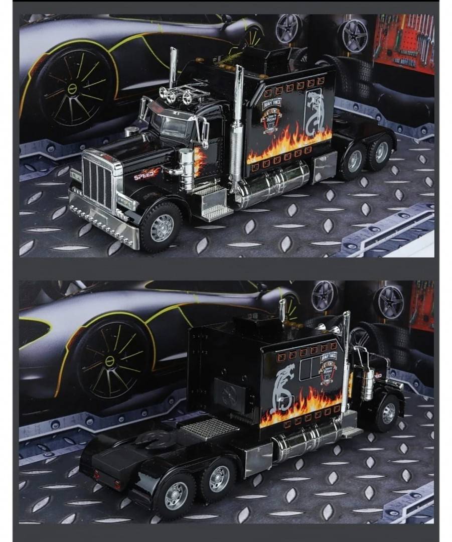 Camion metal mecanic, model Peterbilt Heavy Truck 389, faruri luminoase, sunete, usi mobile, capota mobila, scara 1:24, negru
