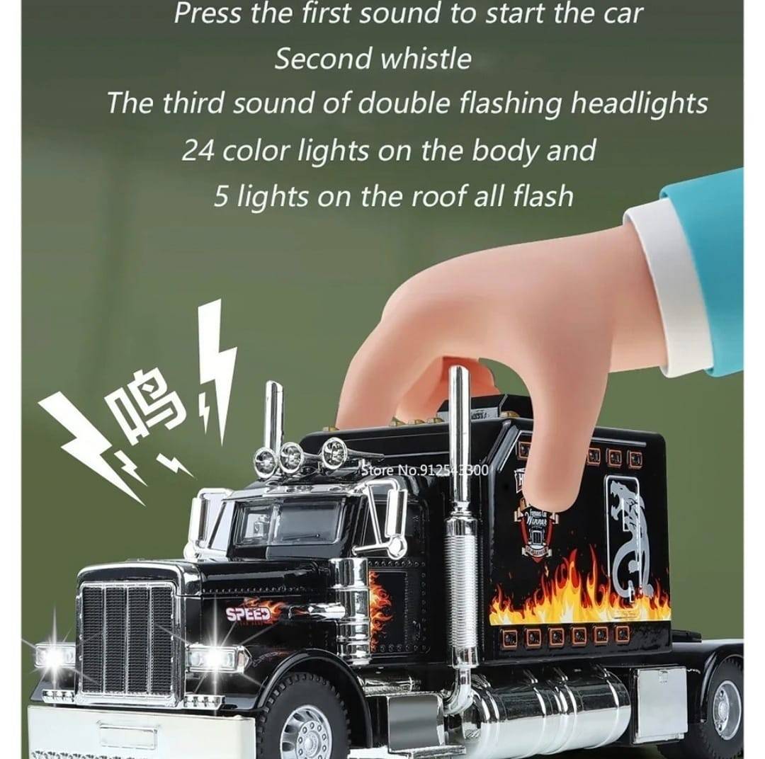 Camion metal mecanic, model Peterbilt Heavy Truck 389, faruri luminoase, sunete, usi mobile, capota mobila, scara 1:24, negru