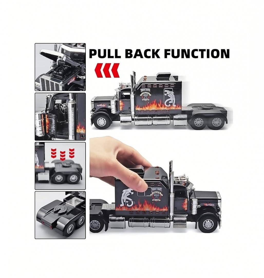 Camion metal mecanic, model Peterbilt Heavy Truck 389, faruri luminoase, sunete, usi mobile, capota mobila, scara 1:24, negru