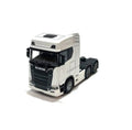 Camion metalic, tip Scania T770S, scara 1:32, cabina rebatabila, lumini si sunete, alb, 13 cm