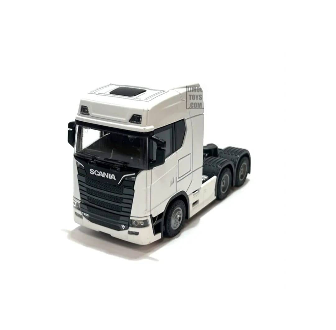 Camion metalic, tip Scania T770S, scara 1:32, cabina rebatabila, lumini si sunete, alb, 13 cm