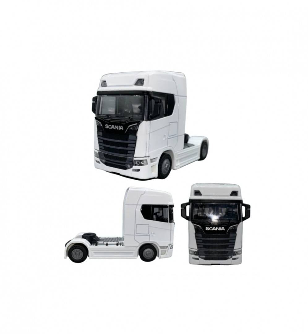 Camion metalic, tip Scania T770S, scara 1:32, cabina rebatabila, lumini si sunete, alb, 13 cm