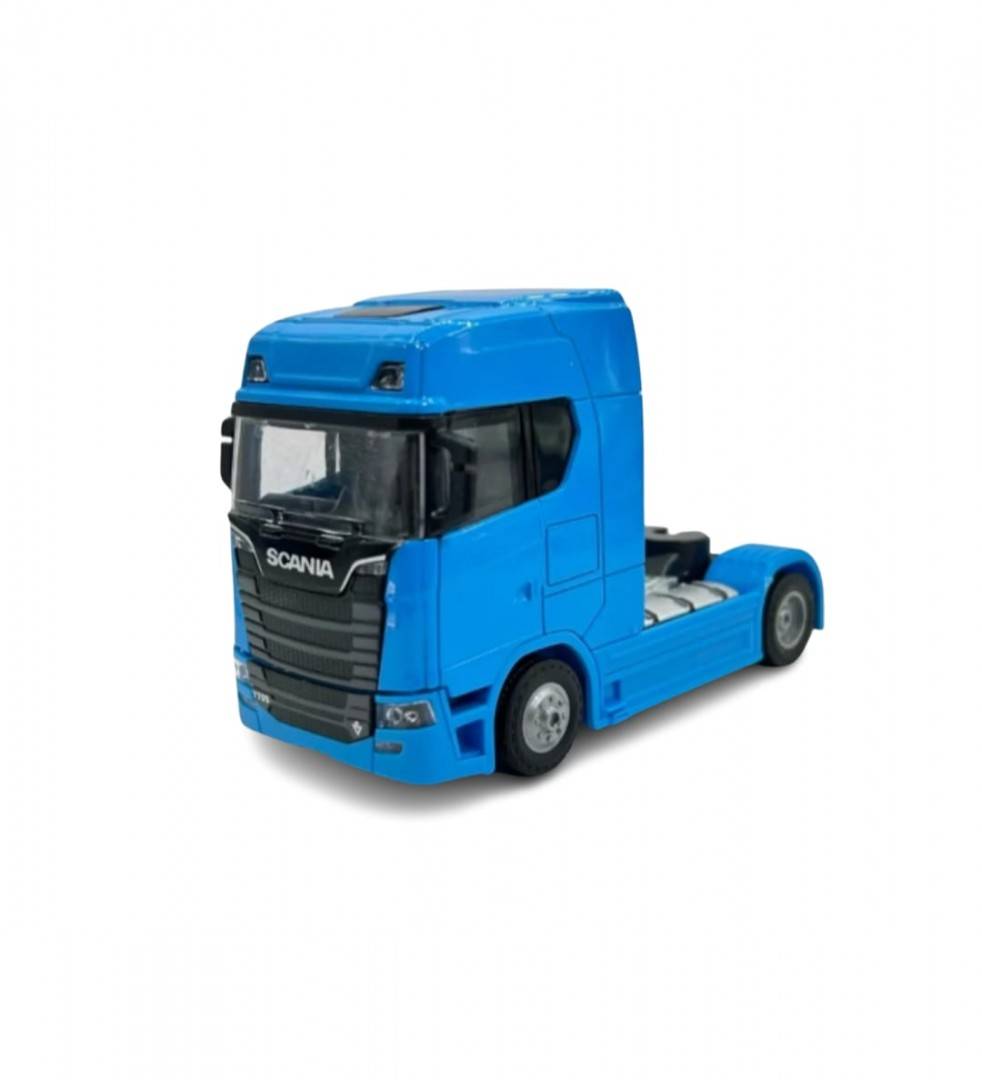 Camion metalic, tip Scania T770S, scara 1:32, cabina rebatabila, lumini si sunete, albastru, 13 cm