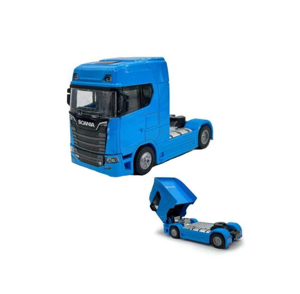 Camion metalic, tip Scania T770S, scara 1:32, cabina rebatabila, lumini si sunete, albastru, 13 cm