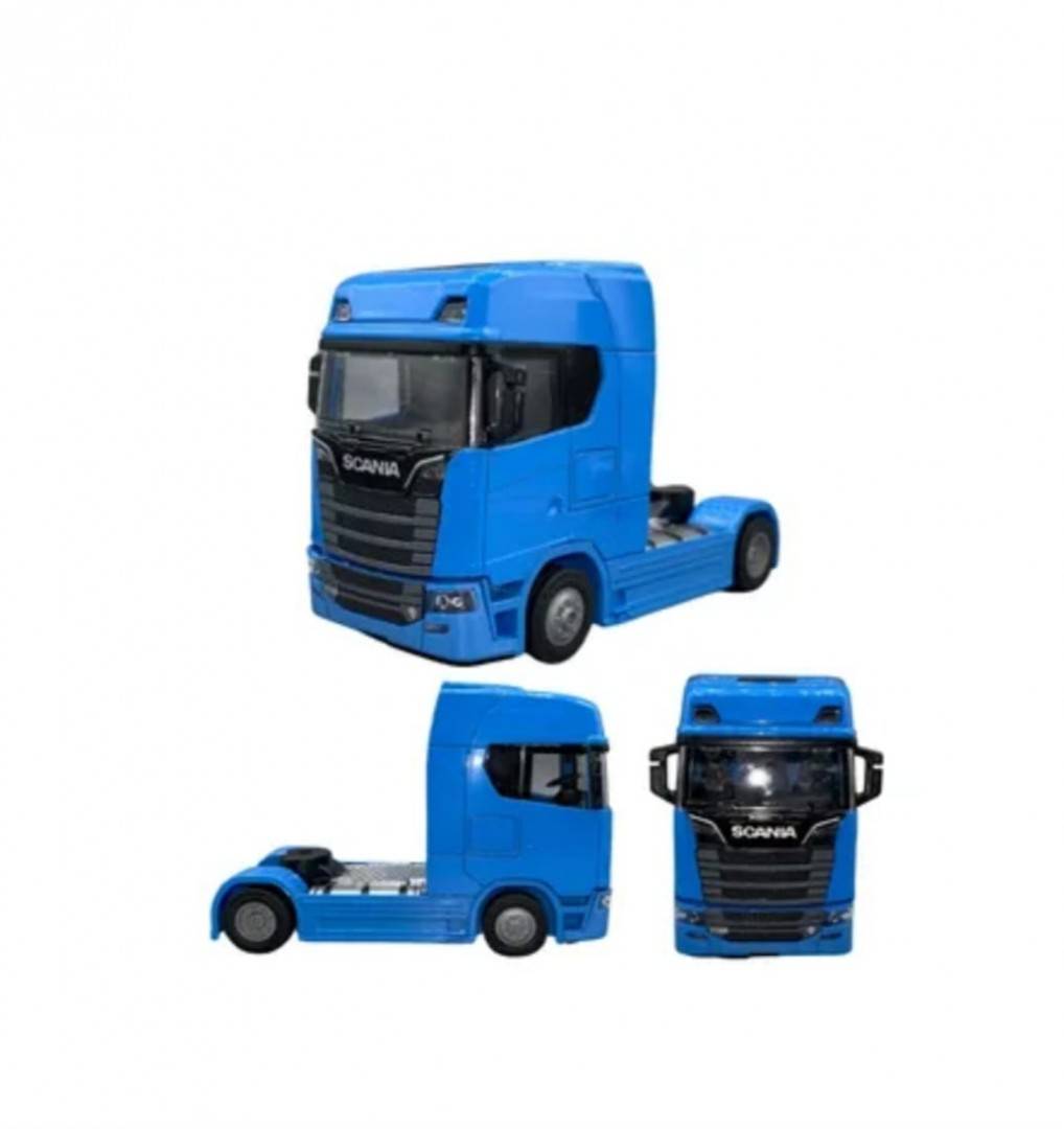 Camion metalic, tip Scania T770S, scara 1:32, cabina rebatabila, lumini si sunete, albastru, 13 cm