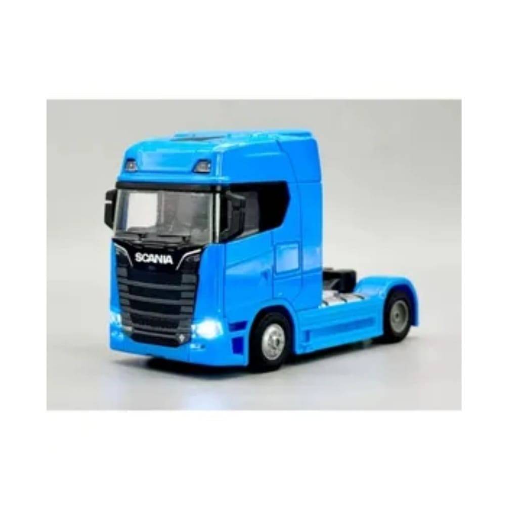Camion metalic, tip Scania T770S, scara 1:32, cabina rebatabila, lumini si sunete, albastru, 13 cm