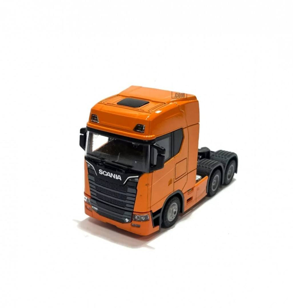 Camion metalic, tip Scania T770S, scara 1:32, cabina rebatabila, lumini si sunete, portocaliu, 13 cm