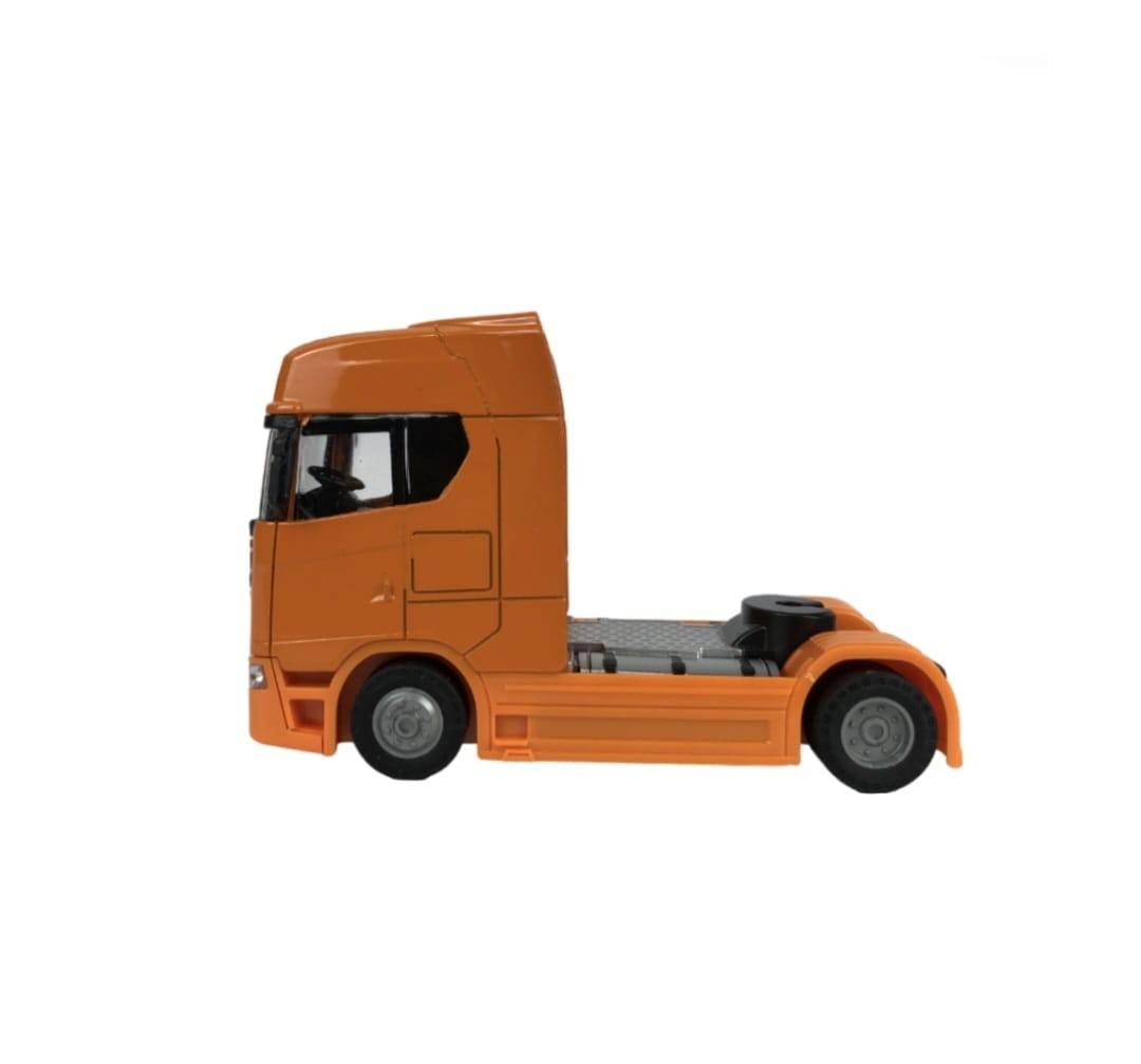 Camion metalic, tip Scania T770S, scara 1:32, cabina rebatabila, lumini si sunete, portocaliu, 13 cm